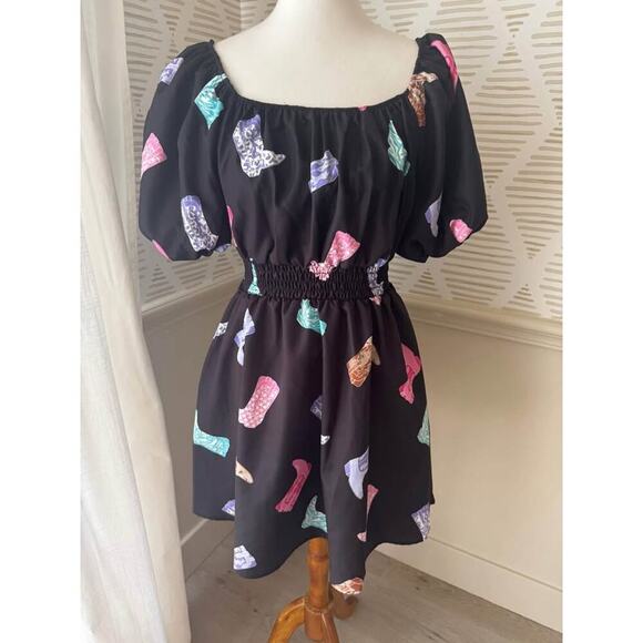Peach Love Women’s Large Cowgirl Let’s Go Girls Black Boot Puff Sleeve Dress - Picture 2 of 5